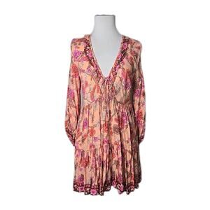 Coastal Traders Peach Floral Rayon Ruffle Long Sleeve Mini Dress S/M
